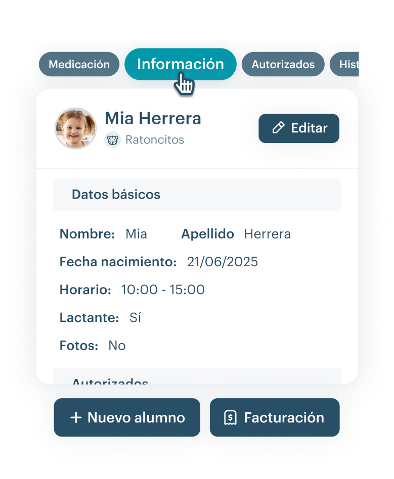 Panel de gestión de alumnos de KinderUp mostrando ficha del alumno con datos básicos, autorizados y grupos