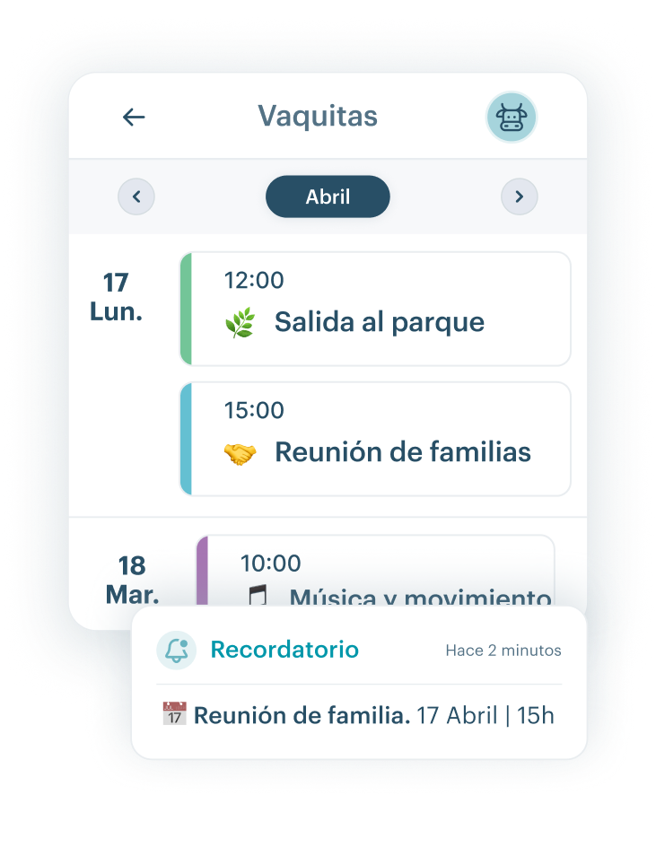 Calendario de KinderUp mostrando eventos del centro, festivos y recordatorios para familias