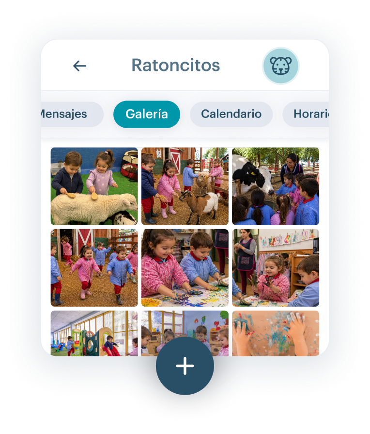 Galería de fotos de KinderUp mostrando actividades del aula compartidas de forma segura con las familias