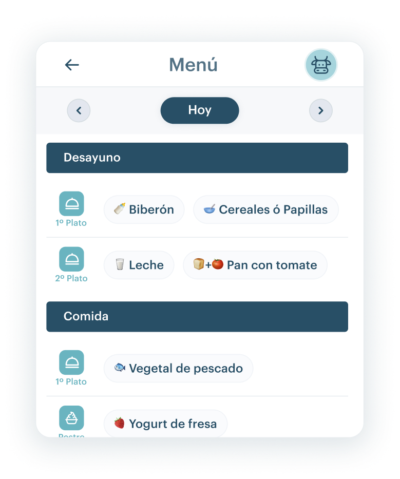 Panel de menú de comedor de KinderUp con desayuno, comida y postre detallados para cada día