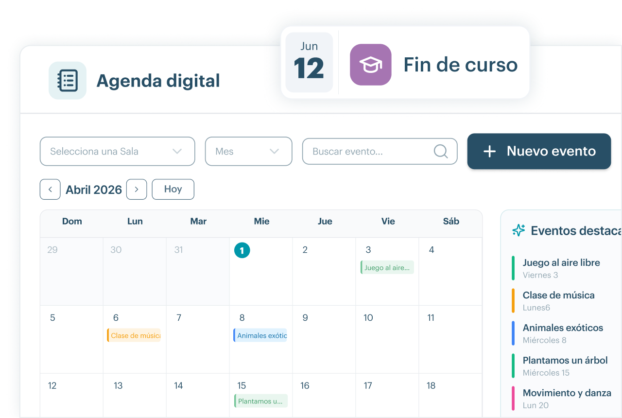 Panel de la agenda digital de KinderUp con registro de actividades y seguimiento del alumno