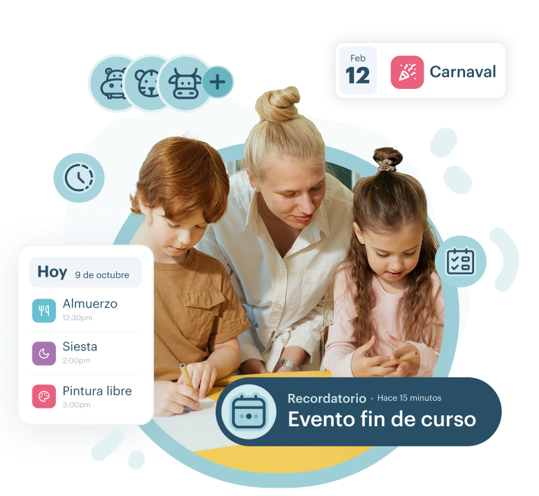 Interfaz de la app KinderUp mostrando la agenda digital personalizable con registro de actividades del aula