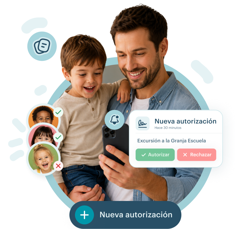 Interfaz de la app KinderUp mostrando el sistema de autorizaciones digitales con firma segura