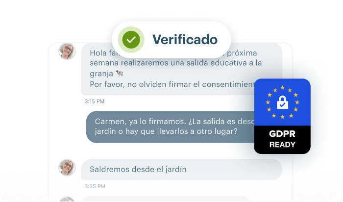 Interfaz segura de KinderUp con badge de verificación mostrando cumplimiento fiscal