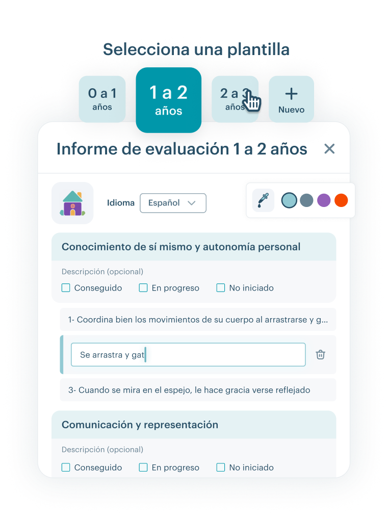 Panel de KinderUp mostrando plantillas de evaluación personalizables por áreas educativas