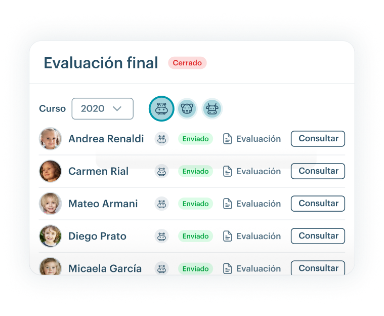 Panel de KinderUp mostrando la evolución y seguimiento del alumno por áreas de desarrollo