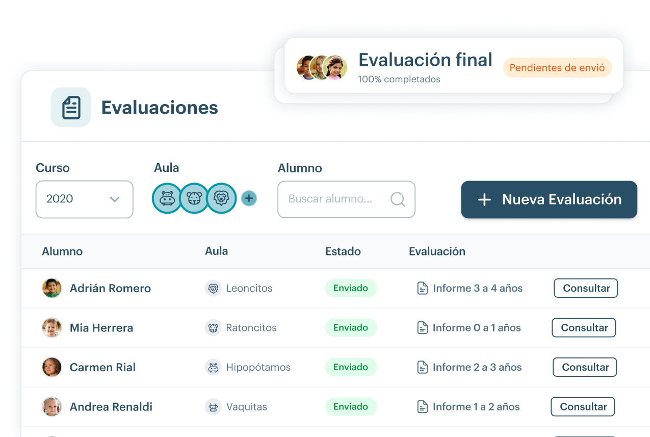 Panel de evaluaciones de KinderUp con plantillas y seguimiento del progreso del alumno