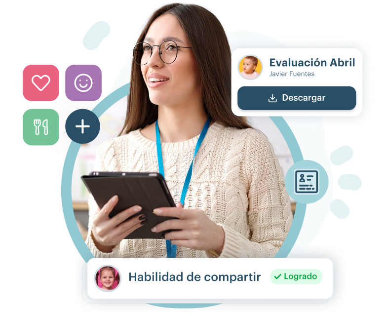 Interfaz de la app KinderUp mostrando el sistema de evaluaciones con plantillas personalizables