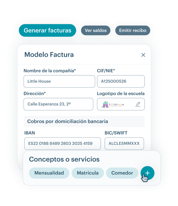 Panel de KinderUp mostrando generación automática de recibos y facturas