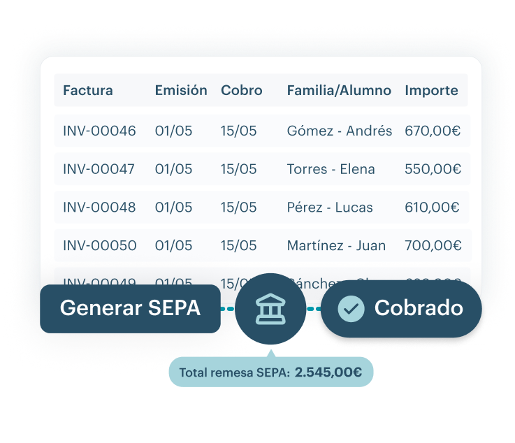 Interfaz de KinderUp mostrando la generación de remesas bancarias SEPA