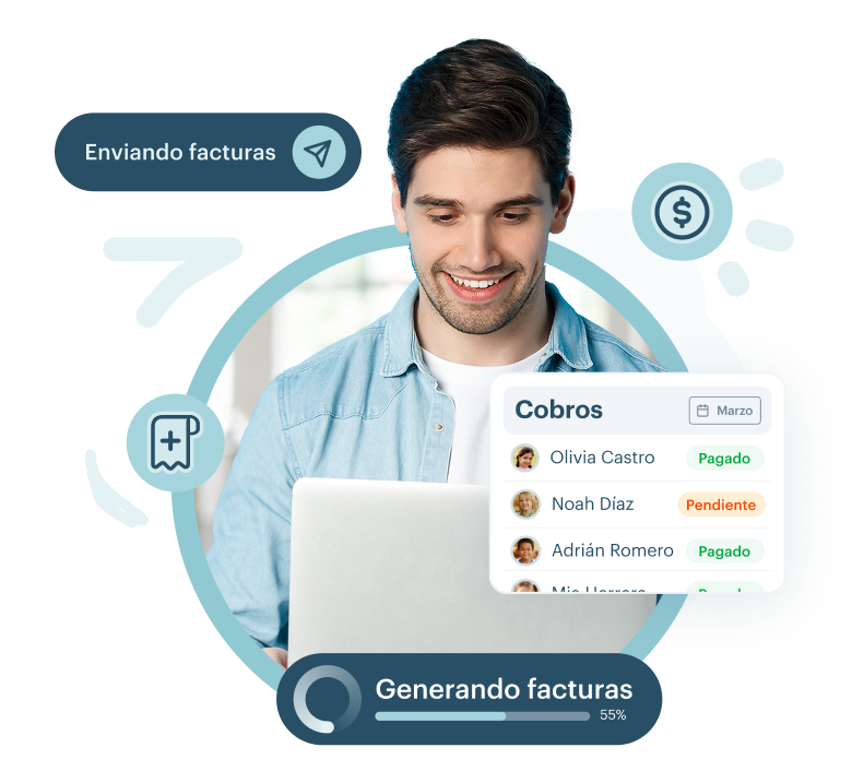 Interfaz de la app KinderUp mostrando el sistema de facturación automatizada