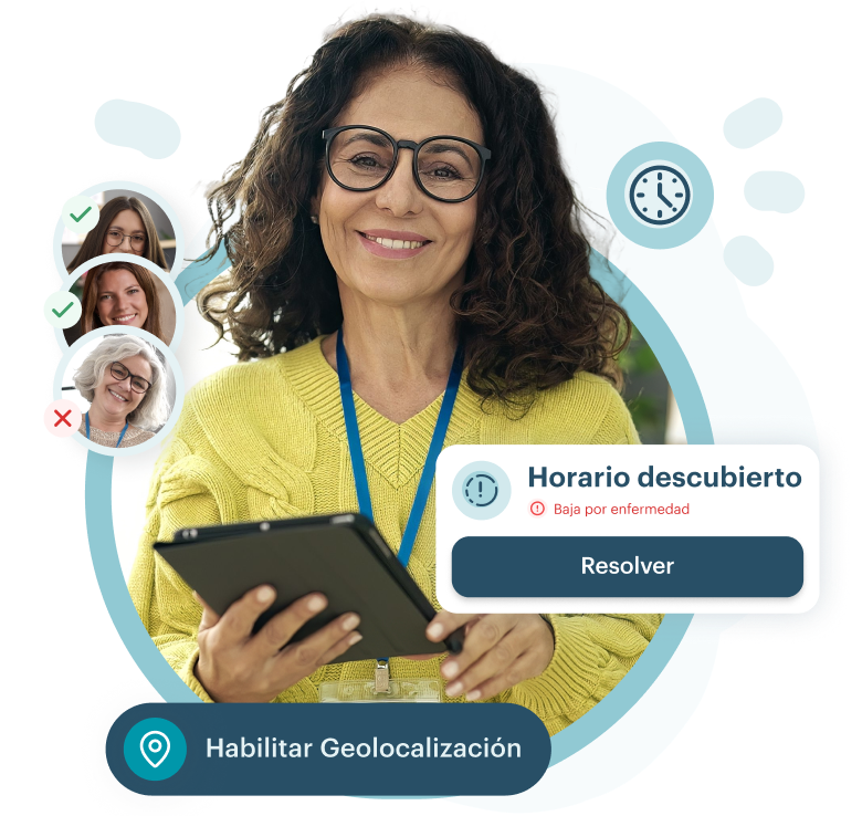 Interfaz de la app KinderUp mostrando el sistema de fichaje y gestión de empleados