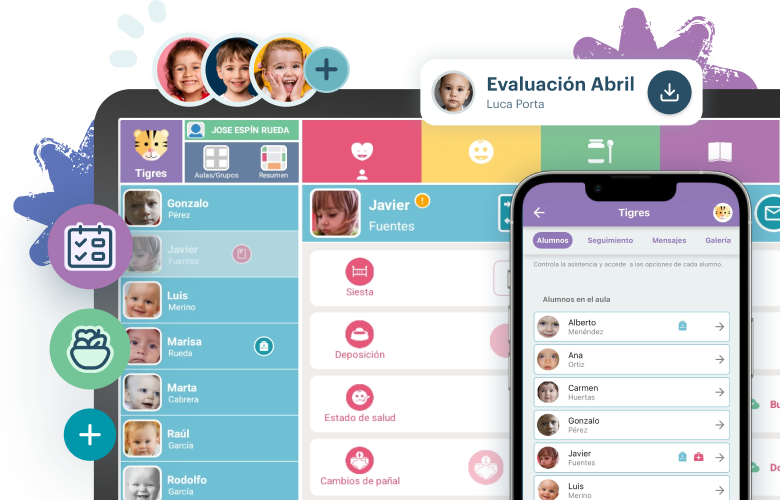 Plataforma KinderUp en ordenador y móvil para escuelas infantiles